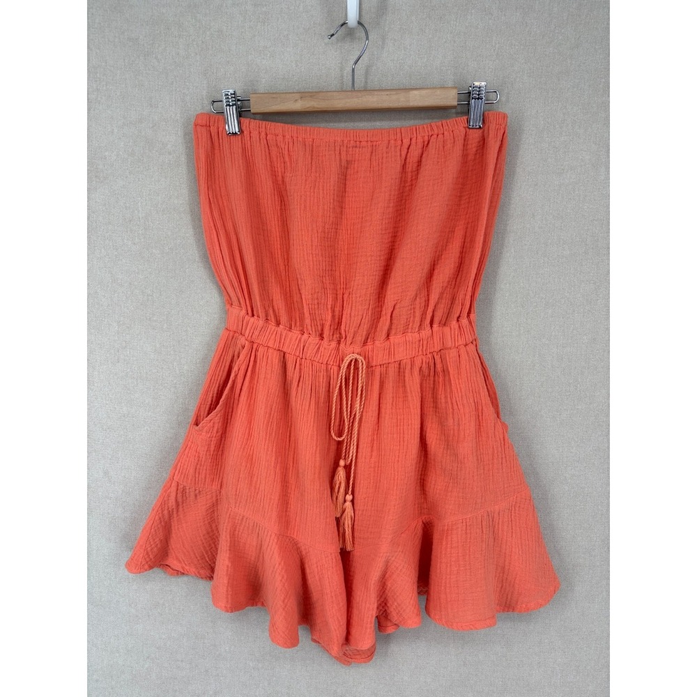 Gilli Romper Small Orange Strapless Gauzy Swimsuit Coverup Beachy Pockets